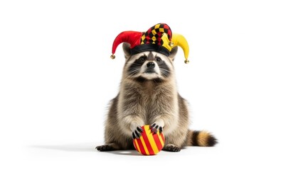 raccoon wearing a jester hat, joker, entertainer, on a white background, animal photo