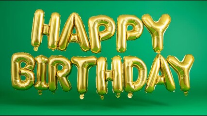 Gold Balloon Letters Spelling Happy Birthday Floating Against Bright Green Background - Powered by Adobe