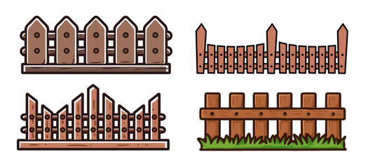 Collection of diverse cartoon wooden fences. picket, rustic, and garden styles for property and boundary needs. isolated on transparent background, Vector