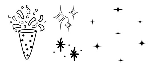 Celebration and sparkle doodle elements: hand-drawn confetti popper with stars and magical glitters isolated isolated on transparent background, Vector
