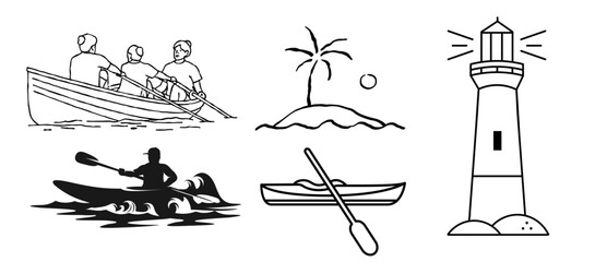 Detailed line art collection showcasing various water activities, scenic coastal landmarks, and island adventures. isolated on transparent background, Vector