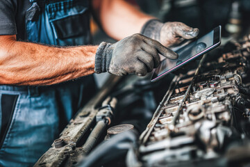 A mechanic using a tablet to diagnose issues while working on an engine, showcasing a blend of technology and automotive repair.
