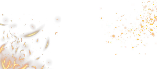 Glowing golden fire embers and sparkling dust particles float dynamically across a pure white background, abstract. isolated on transparent background, Vector