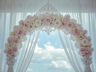 Elegant floral wedding arch with draping fabric and sky background