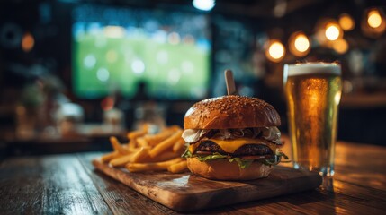 Burger, Fries, and Beer During Football Game at Sports Bar
