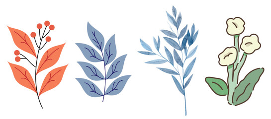 Four colorful botanical illustrations of flowers and leaves in different styles