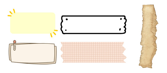 Versatile set of paper notes, labels, sticky memo, grid washi tape, and torn paper design elements. isolated on transparent background, Vector