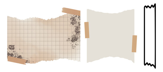 Torn beige grid paper, plain off-white paper, tape, distressed texture, scrapbook elements, decorative border isolated on transparent background, Vector