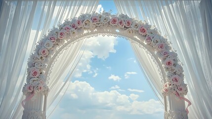 Elegant floral wedding arch against a beautiful blue sky
