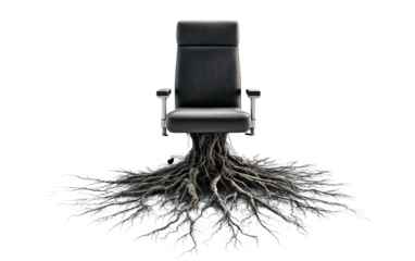 Artistic digital artwork showing a transforming office chair with natural elements