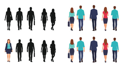 Diverse group of people walking silhouettes and colored figures shown
