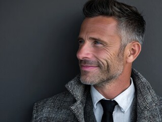 Handsome Middle Aged Businessman with Gray Hair Looking Sideways with a Slight Smile Wearing Coat and Tie Against Gray Background Senior Executive Portrait
