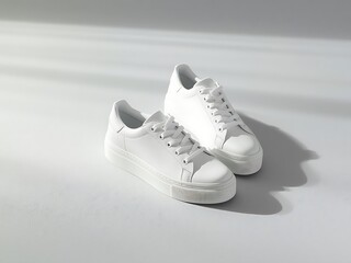 Clean white canvas sneakers on a bright white surface with shadow play