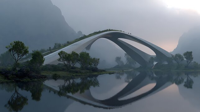 Awesome photo of futuristic modern bridge spanning a reflective lake in a misty, serene mountain landscape at dusk. - Powered by Adobe