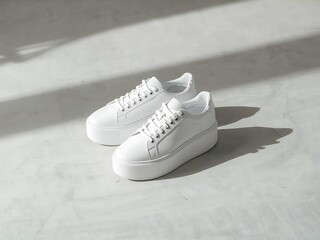 Clean white sneakers on a textured concrete surface with shadow play