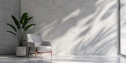 Serene modern interior with a comfortable armchair and lush green plant bathed in dappled sunlight.