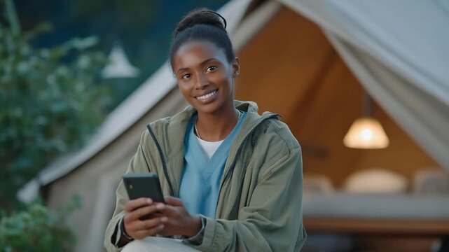 Nurse assisting refugee patient through video call on a mobile device inside temporary clinic, showcasing telehealth progress, compassionate care, and modern humanitarian aid solutions. cinematic
