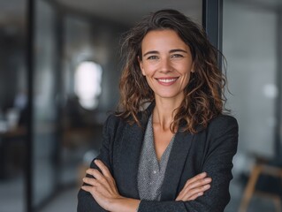 Confident Businesswoman With Arms Crossed Smiling Professional Woman in Formal Wear Successful Brunette Entrepreneur Posing in Office Interior Portrait of Successful Female Leader