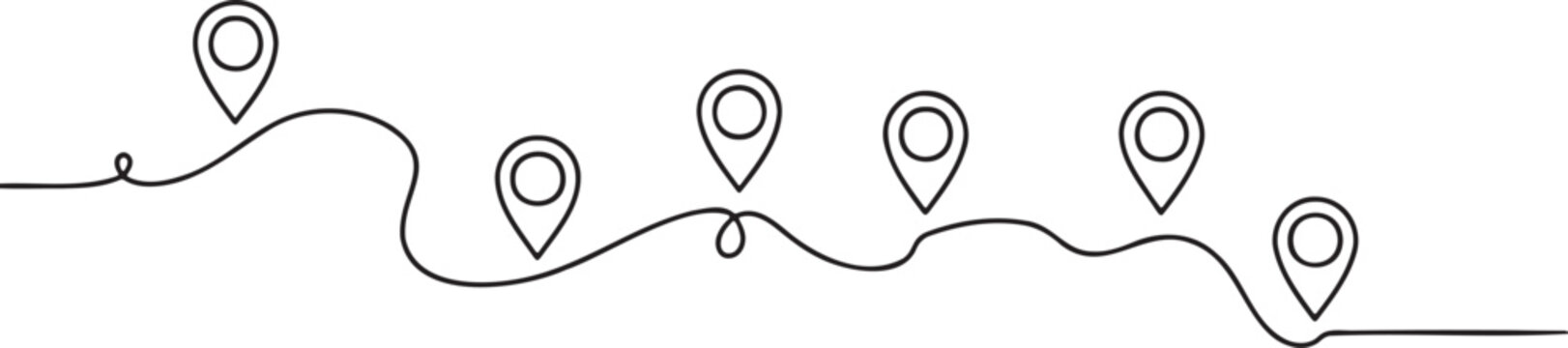 Continuous line drawing of location pins timeline or roadmap with path route design vector illustration on transparent background