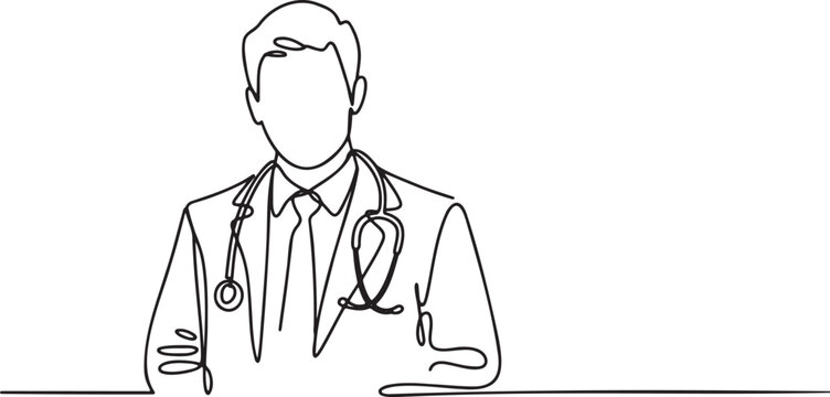 Continuous line drawing of male doctor wearing lab coat and stethoscope medical professional portrait vector illustration on transparent background