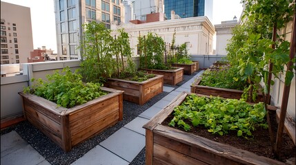 Fototapeta premium Awesome photo of rooftop urban garden with wooden raised beds filled with lush green plants and city buildings in the background.