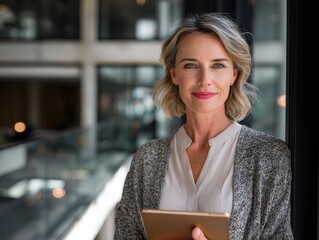Confident Mature Businesswoman Smiling and Holding Tablet While Standing in Modern Office Space Looking at Camera with Gray Hair and Wearing Casual Gray Cardigan