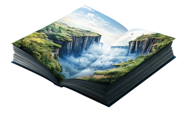 Surreal illustration of a notepad where each page leads to a different imaginative world