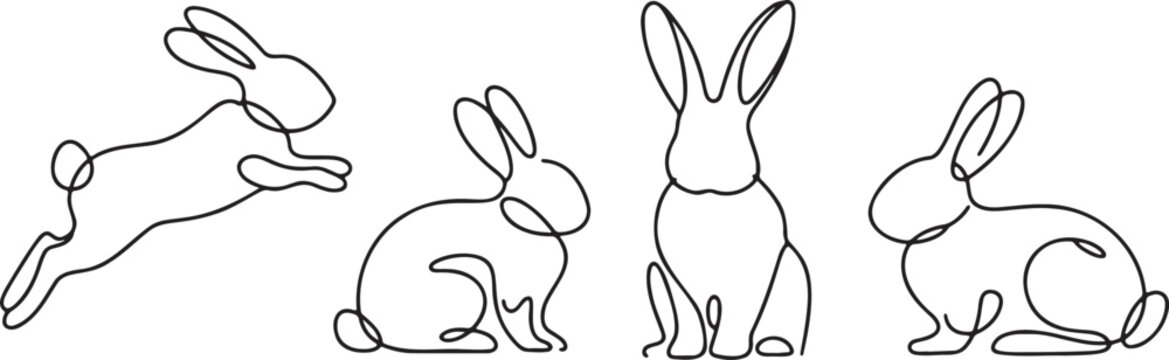 One continuous line art drawing of four different bunny rabbits in various poses on transparent background