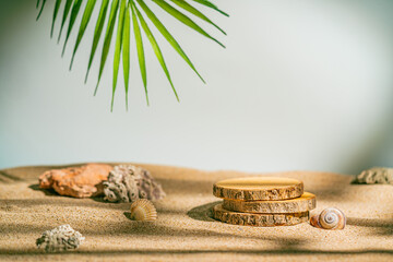 Natural product display scene with wood podiums on beach sand, palm leaf shadow, and seashells. Ideal for eco skincare mockups, organic cosmetics branding, or summer wellness visuals © petrrgoskov