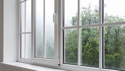 Fototapeta premium Rain streaks down a window pane water droplets cling to the glass during rainy weather
