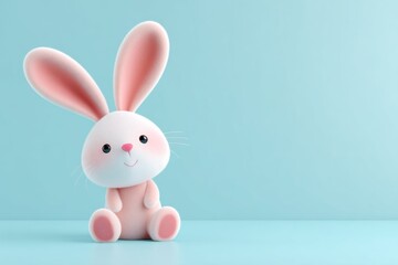 Obraz premium Stylized bunny with long ears sits on a pastel blue surface, showcasing a minimalist design, perfect for playful themes and seasonal decorations with copy space