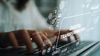 Business Professional Engaged in Digital Transformation with Technology and Data Visualization Elements in Focused Environment. Asymptotic smart data analytic.