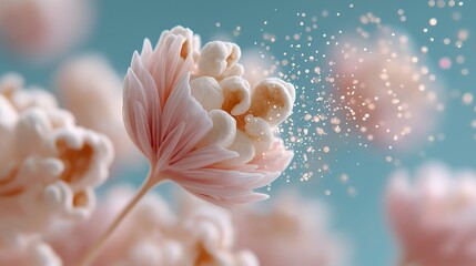 Creative popcorn-flower hybrid concept used for snack branding, confectionery marketing, and artistic product merchandising. Keywords emphasize novelty food promotion, packaging design relevance