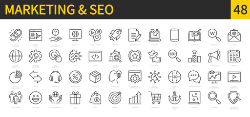 Marketing & seo line icons set. Website, optimization, social network, creativity, management, search, ai, copywriting, content, landing page, time, etc. Editable stroke. Vector flat illustration.