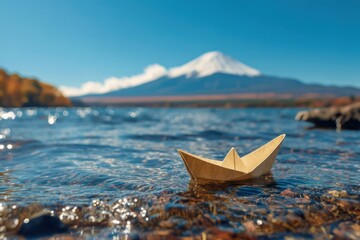 Small White Paper Boat Navigating Calm Lake Towards Mountains