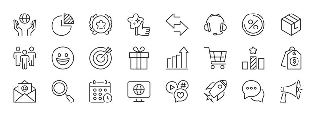 Marketing line icons set. Social media, global, search, growth, e-commerce, website, start up, feedback, communication, advertising, development, business, etc. Editable stroke. Vector illustration.