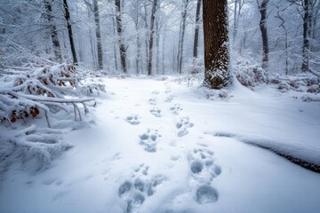 Paw Prints Trailing Through Serene Snowy Winter Forest
