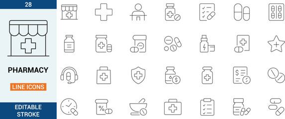 Pharmacy line icons featuring medicine bottles, pills, prescriptions, medical documents, health symbols and editable stroke elements designed for healthcare, clinic and drugstore projects.