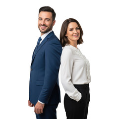 Professional business colleagues a man in a blue suit and a woman in a white blouse standing together isolated on transparent background