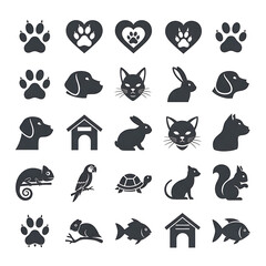 Fototapeta premium Collection of dark gray silhouette icons representing various domestic and exotic pets and animal care symbols