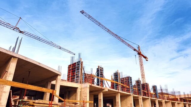 Metal rebars stick out on the top of the building under construction. Two cranes tower over the structure. Low angle view.