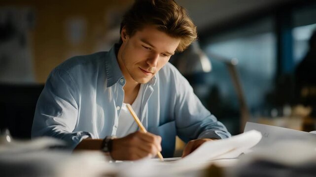 Close-up of thoughtful art director surrounded by scattered papers, holding a pencil while examining sketches &mdash; symbolizing concentration, imaginative exploration, emotional investment in visual