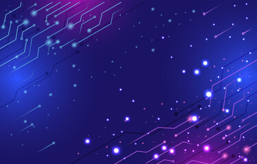 Futuristic Circuit Board Technology Background - Abstract Digital Network Lines in Blue and Purple Gradient with Glowing Particles for Data Flow, AI, Motherboard Design, and Cyber Space Backdrop.