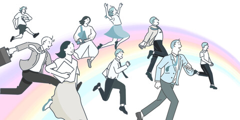スタートアップのイメージイラストービジネスパーソンー明るい未来を夢見る男女ー虹の背景イラスト素材