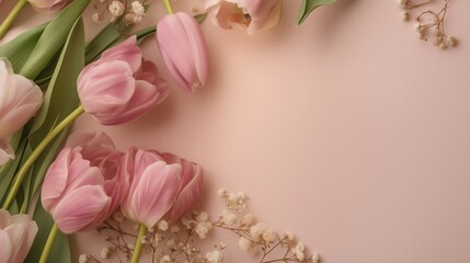Tulips around edges and spacious center for text, minimalistic greeting card, invitation background