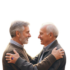 Two elderly men embracing and smiling isolated on transparent background
