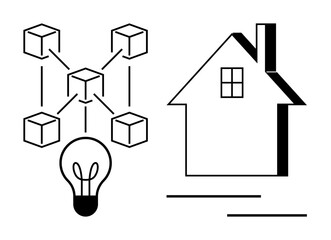 Blockchain, smart home, renewable energy, digital innovation, energy efficiency, and home technology. Icons of blockchain network, light bulb and house structure. Blockchain and smart home concept
