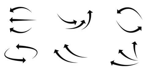 Air flow arrows set. Set of black arrow showing wind air flow. Vector set of air flow arrows. Black air flow arrows showing wind circulation and ventilation. 