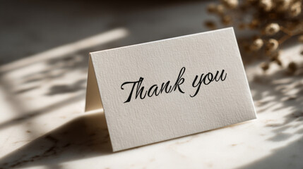 Folded card with handwritten "Thank you" script on marble surface, symbolizing gratitude, sincerity, and emotional connection