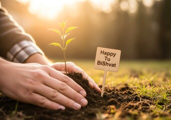Hands planting a small tree in soil with a sign that reads 'Happy Tu BiShvat'. The scene is illuminated by warm sunlight, creating a peaceful atmosphere.